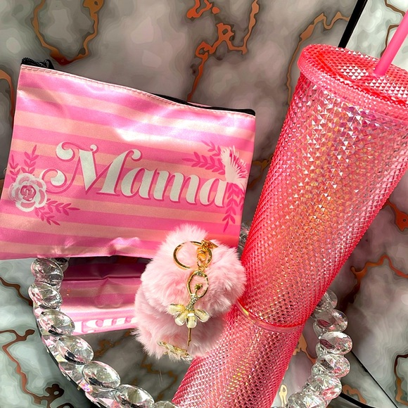 Accessories - Pink 3pc Mama bundle with cosmetic bag,  tumbler & keychain